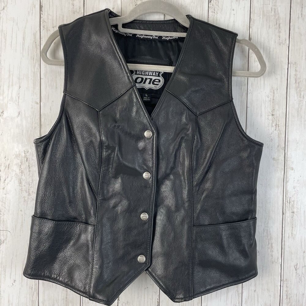 Highway One Women’s Black Leather Vest Sz Large Motorcycle Biker ￼
